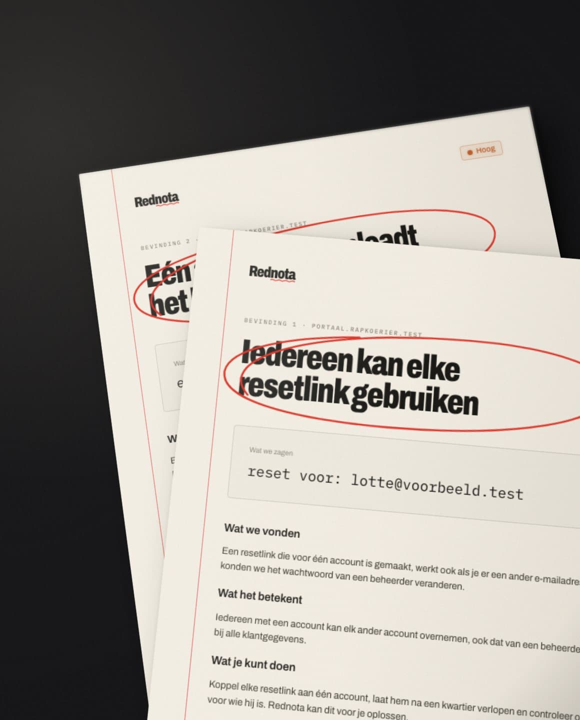 Twee rapportpagina's in een waaier, met rode pencirkels om de titels.