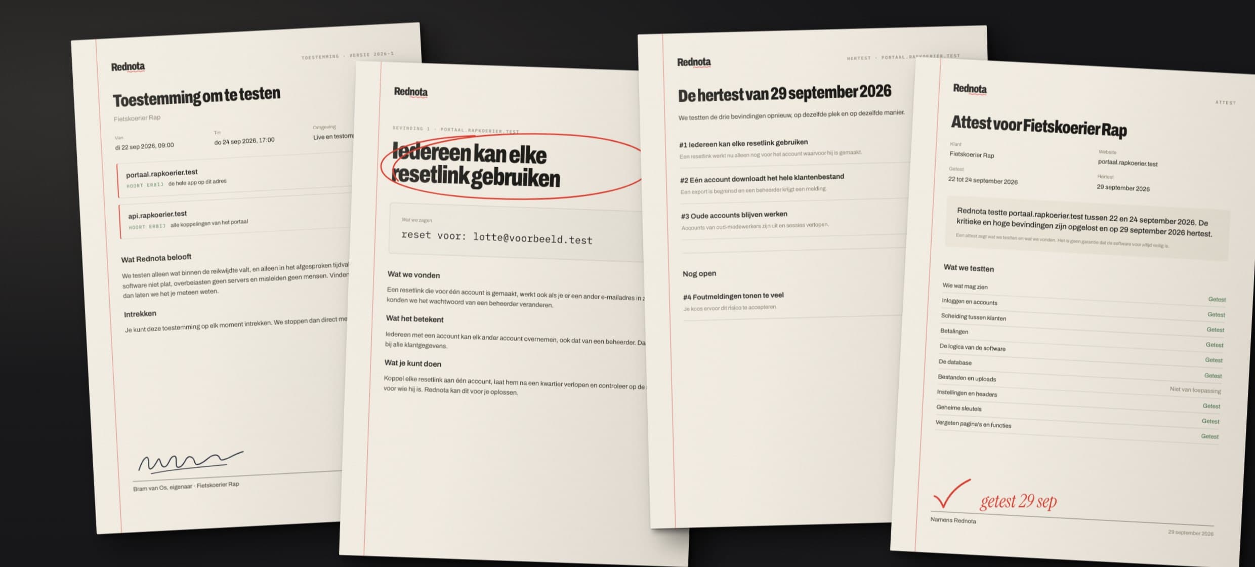 Vier vellen van bovenaf op een donkere tafel: de getekende toestemming om te testen, een bevindingspagina met een rode pencirkel, de hertest met Opgelost en het attest met een rood vinkje.