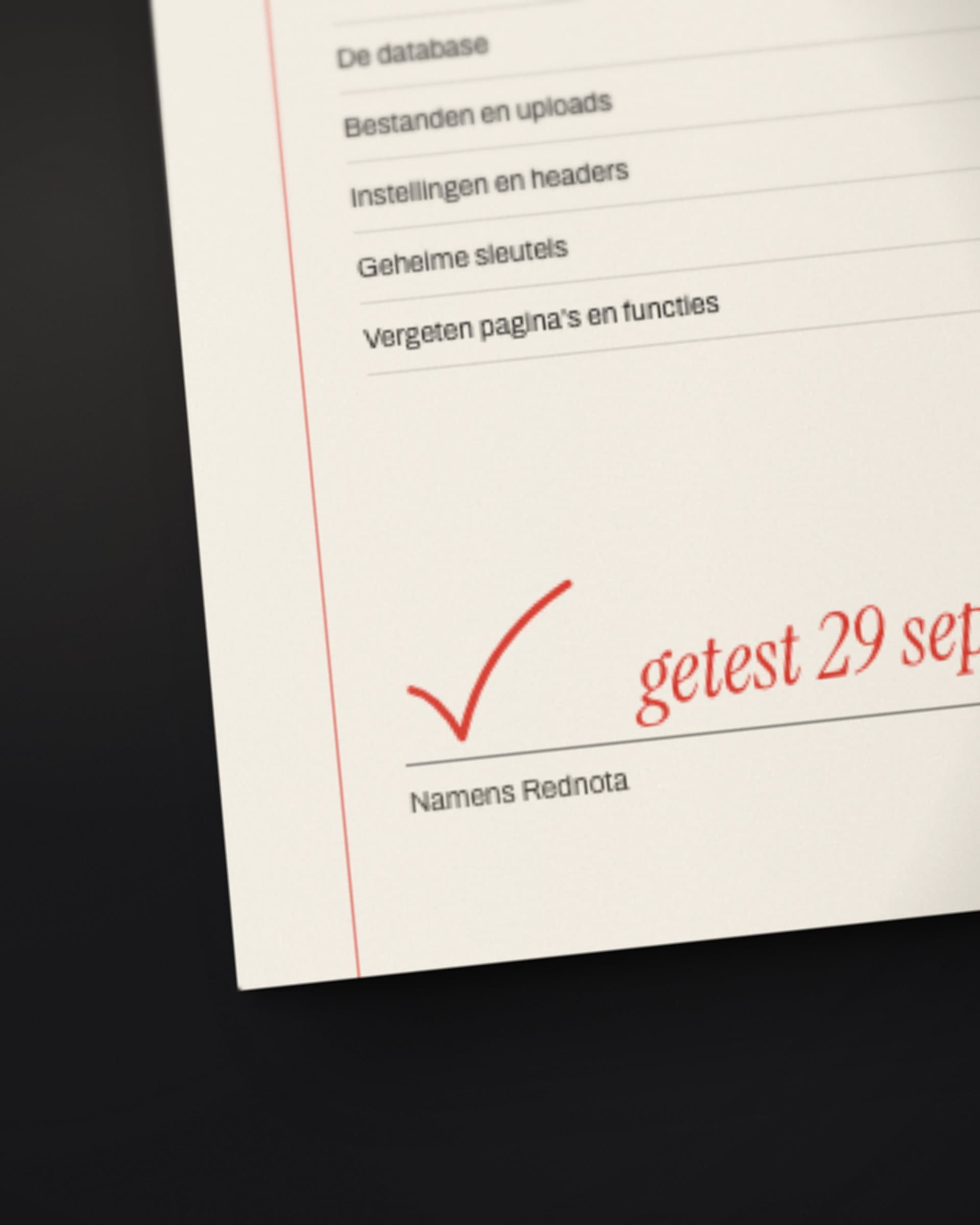 De hoek van het attest van bovenaf, met een rood vinkje en getest 29 sep in pen boven de lijn Namens Rednota.